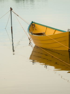 Canoë jaune sur un plan d'eau