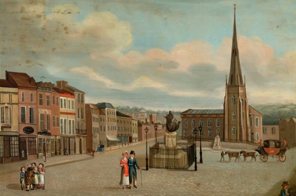 broderie diamant Une peinture d'une rue de la ville avec une statue et une église